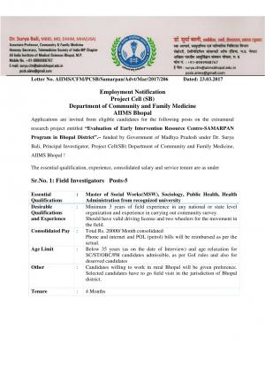 AIIMS, Bhopal Recruitment 2017 for 7 Field Investigator and Other Posts
