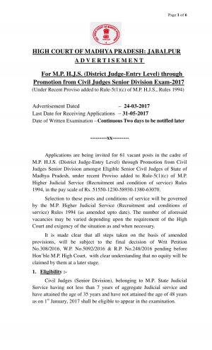 MP High Court Recruitment 2017 for 61 posts of District Judge (Entry Level)