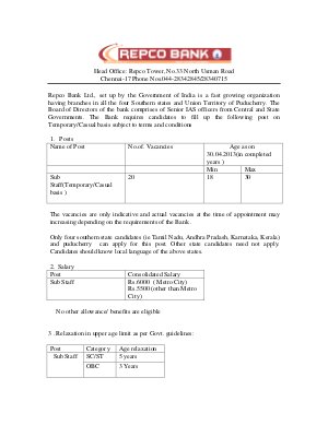 Repco Bank Sub Staff posts Notification