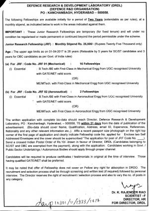 DRDO DRDL Recruitment 2017 for 18 Junior Research Fellow Posts