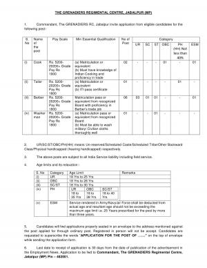 Grenadiers Regimental Centre, Jabalpur  Recruitment 2017 for 10 Multi Tasking Staff Posts
