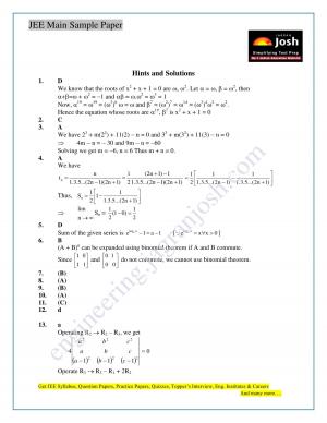 JEE Main Sample Paper Set 12 Mathematics Solutions