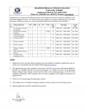 Shaheed Bhagat Singh College, DU Recruitment 2017  for 19 Lib Attendant and Other Posts