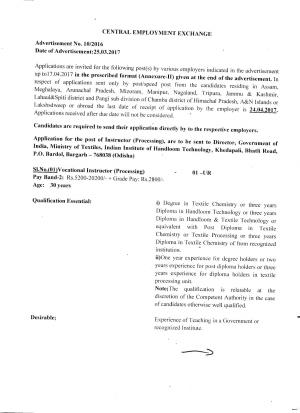 Central Employment Exchange Recruitment 2017 for 2 Vocational Instructor and Other Posts