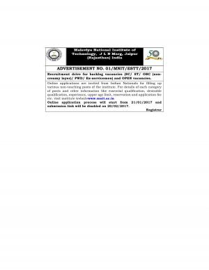 Malaviya National Institute of Technology Recruitment 2017 for  94 Non Teaching Posts