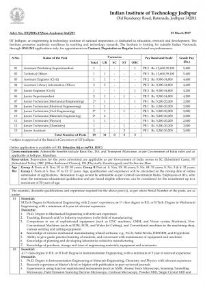 IIT, Jodhpur Recruitment 2017 for 19 Junior Technician, Junior Assistant and other Posts