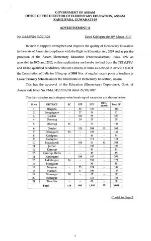 Assam Teacher Recruitment 2017, 6027 Vacancies, Apply for Assistant Teacher and Teacher Posts 