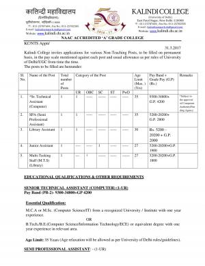 Kalindi College Delhi University Recruitment 2017 for 5 MTS and other Non Teaching Posts  