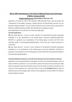 Detailed Notification of IIT BHU JRF Recruitment 2017