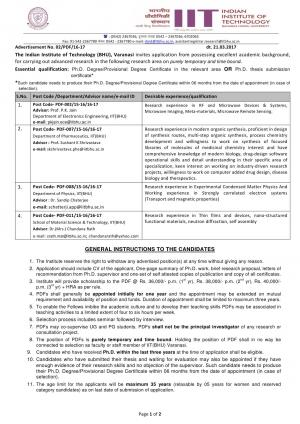 Detailed Notification of IIT BHU PDF Recruitment 2017