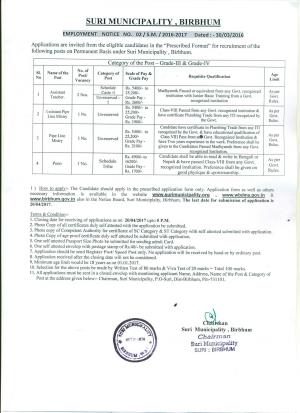 Suri Municipality, Birbhum Recruitment 2017 for 05 Assistant Teacher & Other Posts