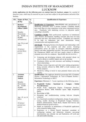 IIM, Lucknow Recruitment 2017 for 02 Posts of Business Development Officer & Asst. Systems Analyst