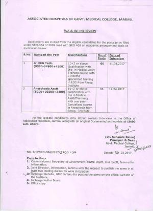 Associated Hospitals (GMC), Jammu Recruitment 2017 for 17 Jr. ECG Technician and Other Posts