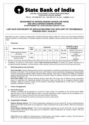 Latest SBI Jobs, Apply for 2 Posts of Defence Banking Advisor and Circle Defence Banking Advisor 