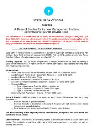 State Bank of India Recruitment 2017 for Dean of Studies for New Management Institute 