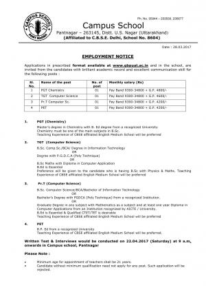 Teaching Jobs, Campus School Recruitment 2017, Apply for 4 PGT, TGT, PRT and PET Posts  