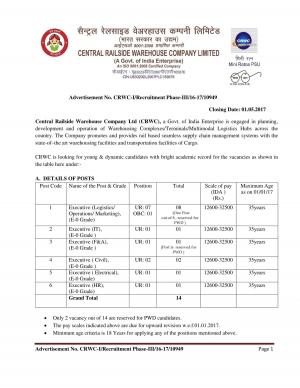 CRCW Recruitment 2017 for 14 Posts of Executives in IT, Finance & Other Streams