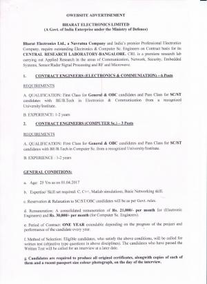 BEL Recruitment 2017, Apply for 9 Engineer (CS & EC) Posts  