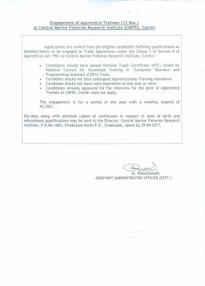 CMFRI Recruitment 2017 for 12 Apprentice Trainees Posts 