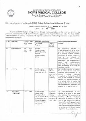 SKIMS Medical College, Srinagar Recruitment 2017 for 12 Anaesthesiology, Radiology and Other Posts