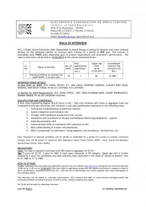 ECIL Recruitment 2017 for 10 posts of Technical Officers on Contractual Basis