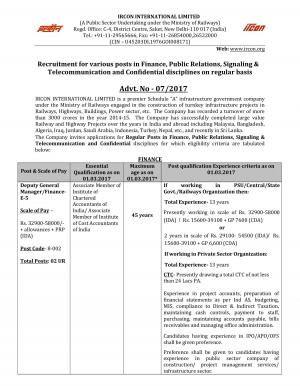 IRCON International Limited Recruitment 2017 for 18 Posts of Deputy GM, Assistant Officer & Others