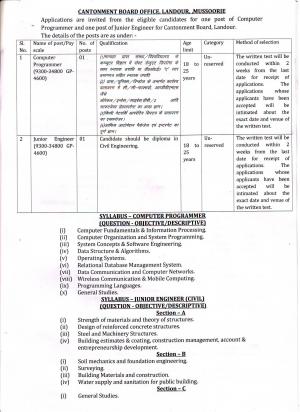 Cantonment Board, Landour Recruitment 2017 for 2 Computer Programmer & Jr. Engineer post