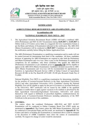 ASRB ARS Examination 2016 and NET-I Examination 2017: Notification; Apply before 15 April 