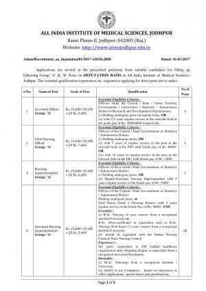 AIIMS Jodhpur Recruitment 2017 for 153 Staff Nurse and Other Posts   