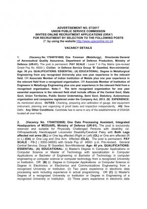 UPSC Recruitment for 04 Foreman (Metallurgy), Data Processing Assistant and other Posts