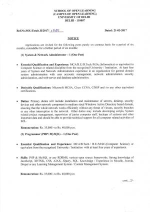 University of Delhi, SOL Recruitment 2017 for 05 Posts of Technicians, Application Expert & Others