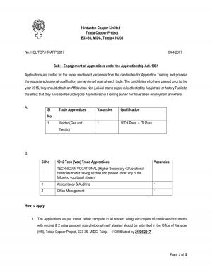 Hindustan Copper Limited Recruitment 2017 for 3 Trade Apprentice Posts  