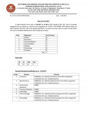 ESIC Recruitment 2017, Walk in for 11 Tutor posts at ESIC Hospital & ODC (EZ), Joka