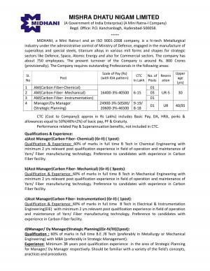 MIDHANI Recruitment 2017 for 06 Posts of Assistant Managers in Various Streams