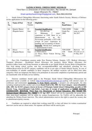 Sainik School Chhingchhip, Mizoram Recruitment 2017 for 02 Quarter Master and Driver Posts