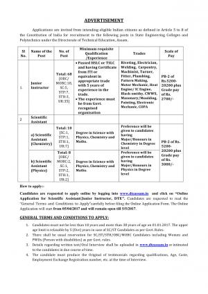  DTE, Assam Recruitment 2017 for 86 Junior Instructor and Scientific Assistant Posts