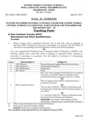 Atomic Energy Central School, Jaduguda Recruitment 2017 for Teachers Purely On Contractual Basis