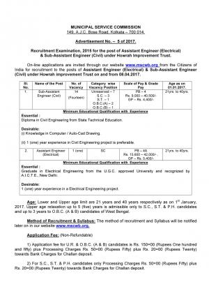 Municipal Service Commission, Kolkata Recruitment  for 15 posts of Assistant Engineers & Others