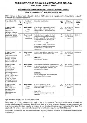 CSIR-IGBI Recruitment 2017 for 07 Project Assistant and Lab Attendant Posts
