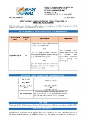 HAL Recruitment 2017 for 04 Physiotherapist Posts