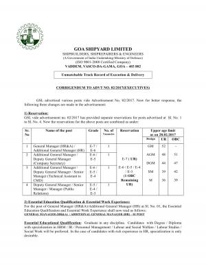 Goa Shipyard Limited Recruitment 2017 for 4 General Manager and Other Posts