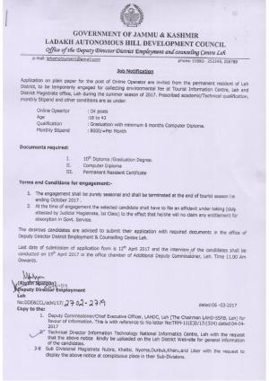 Employment and Counseling Centre, Leh Recruitment 2017 for 4 Online Operator Posts  