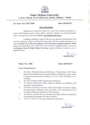 Fakir Mohan University Recruitment 2017 for 29 Non-Teaching Posts