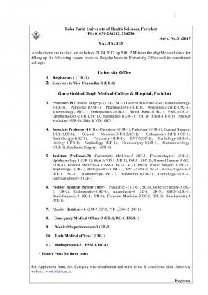 BFUHS, Faridkot Recruitment 2017 for 101 Posts of Professor, Registrar & Other Posts