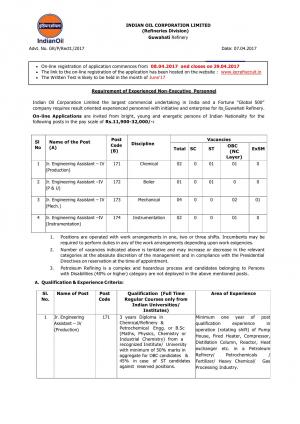 IOCL, Guwahati Recruitment 2017 for 9 Junior Engineering Assistant-IV Posts 