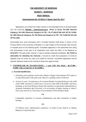 The University of Burdwan Recruitment 2017 for 08 Controller of Examination and Other Posts