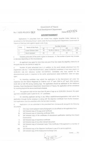 Rural Development Department, Tripura Recruitment 2017 for 156 LDC and Other Posts