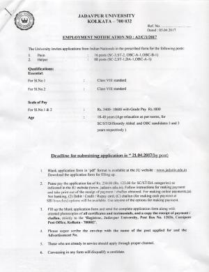 Jadavpur University Recruitment 2017 for 24 Peon & Other Posts