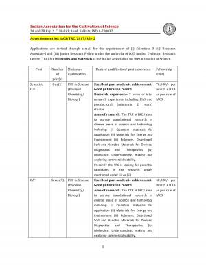 IACS Recruitment 2017, Apply for 20 JRF, Scientist and Other Posts  