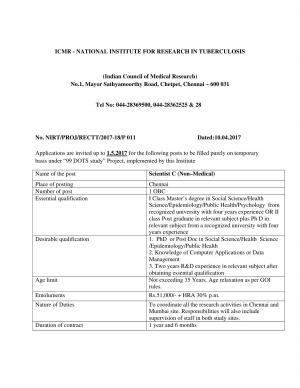 ICMR NIRT Recruitment 2017 for 21 Project Technician and Other Posts  